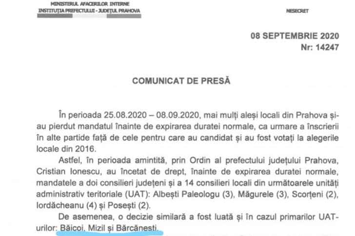 Deocamdată, prefectul de Prahova a emis ordine de încetare a mandatelor doar pentru primari care candidează din partea PSD/Alianței pentru Prahova!