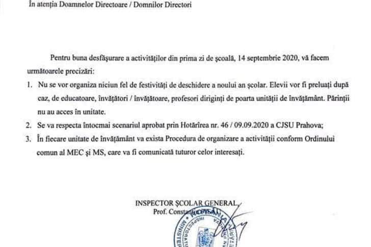 Festivitățile de început de an, interzise cu desăvârșire în școlile din Prahova