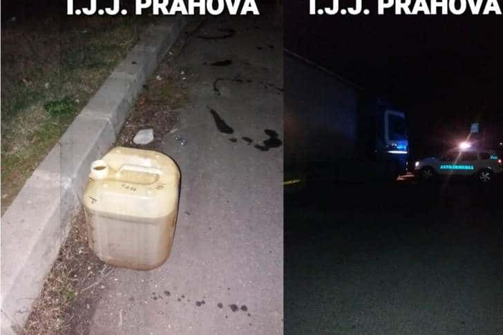 Hoț de combustibil dintr-un TIR, înregistrat de jandarmi în timp ce voia să le dea mită