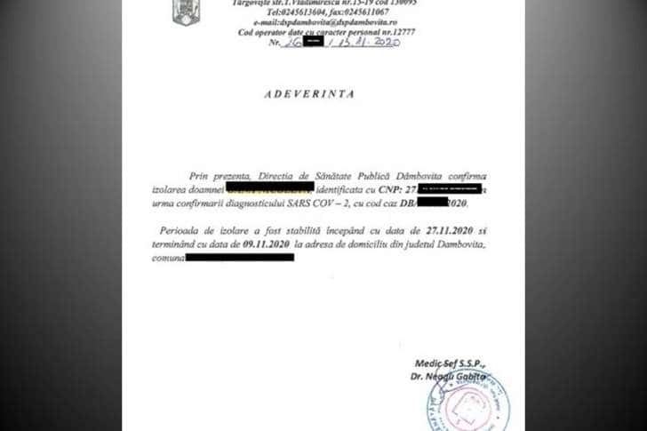 Cum am primit pe e-mail adeverința unui bolnav de coronavirus din Dâmbovița!