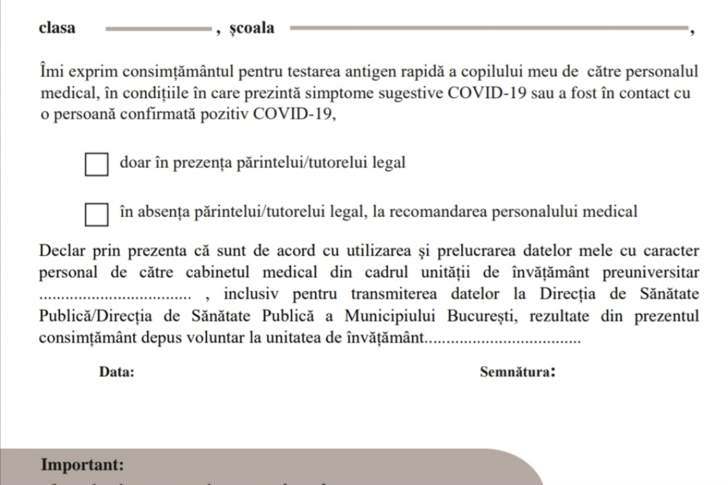Formularul privind acordul de testare rapidă a elevilor. Cine poate purta vizieră în loc de mască?