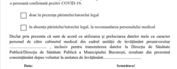 Formularul privind acordul de testare rapidă a elevilor. Cine poate purta vizieră în loc de mască?
