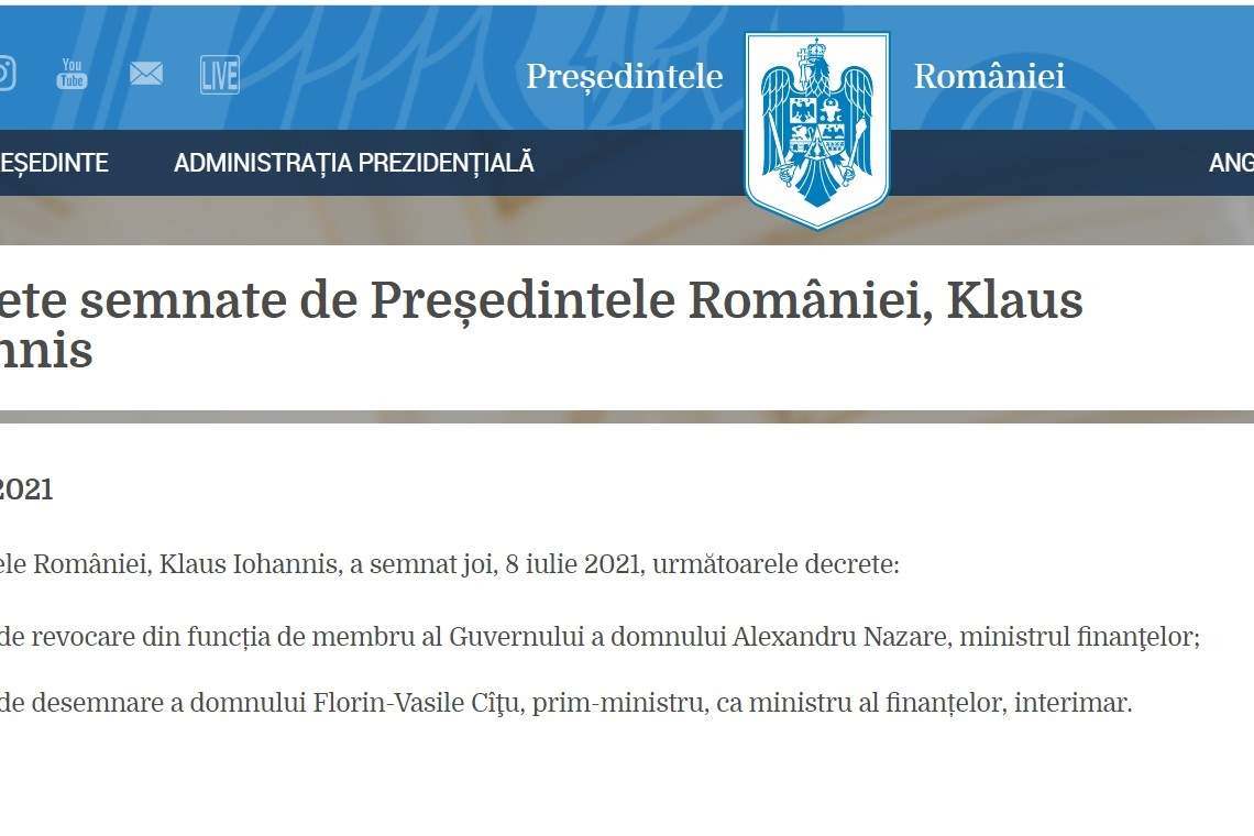 Jos Nazare! Iohannis a semnat decretul de revocare a senatorului PNL de Prahova din funcția de ministru al Finanțelor