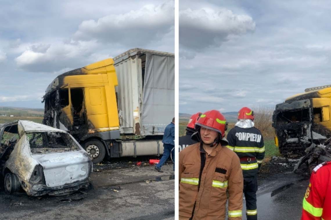 Video/ Imagini șocante de la accidentul de pe DN1B, în care o mașină și cabina unui TIR au luat foc