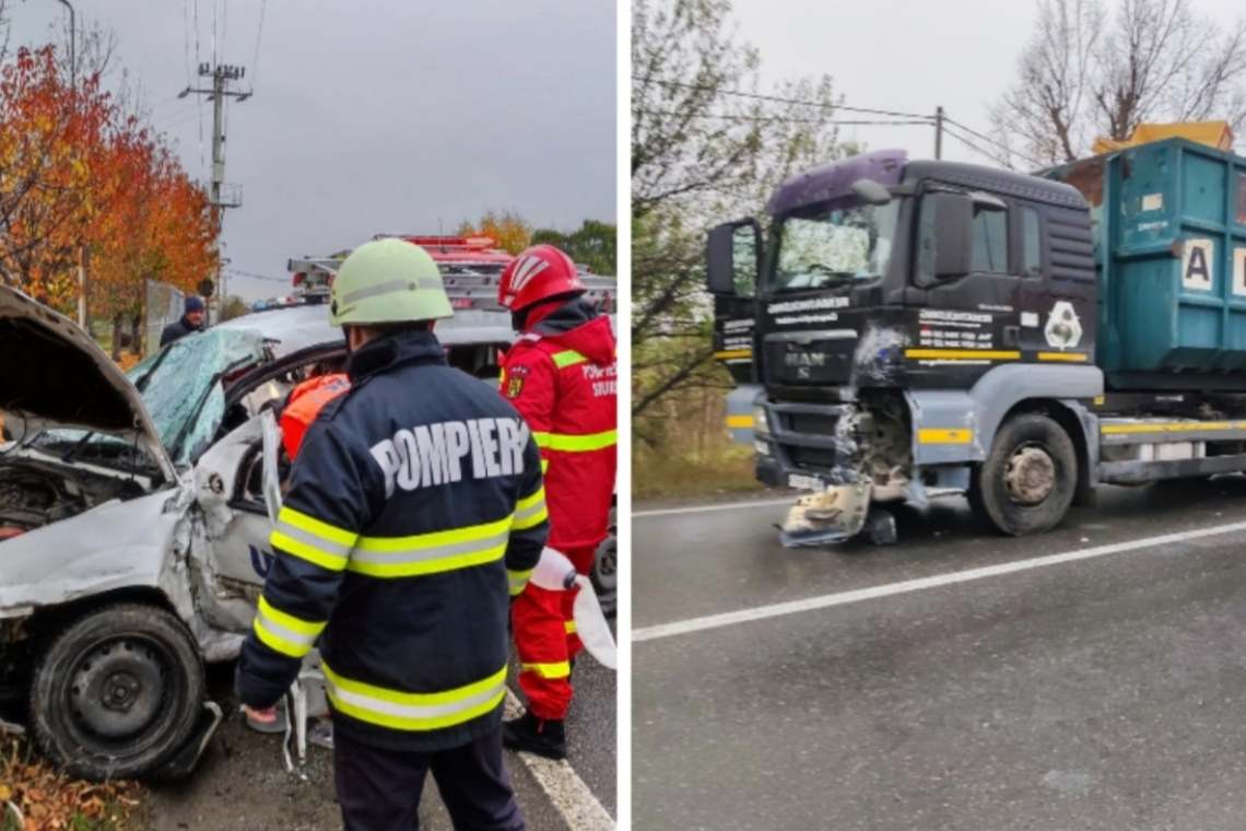 Coliziune între un autocamion și un autoturism, pe DN72. O persoană a rămas încarcerată în mașină