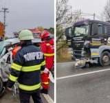 Coliziune între un autocamion și un autoturism, pe DN72. O persoană a rămas încarcerată în mașină