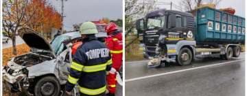 Coliziune între un autocamion și un autoturism, pe DN72. O persoană a rămas încarcerată în mașină