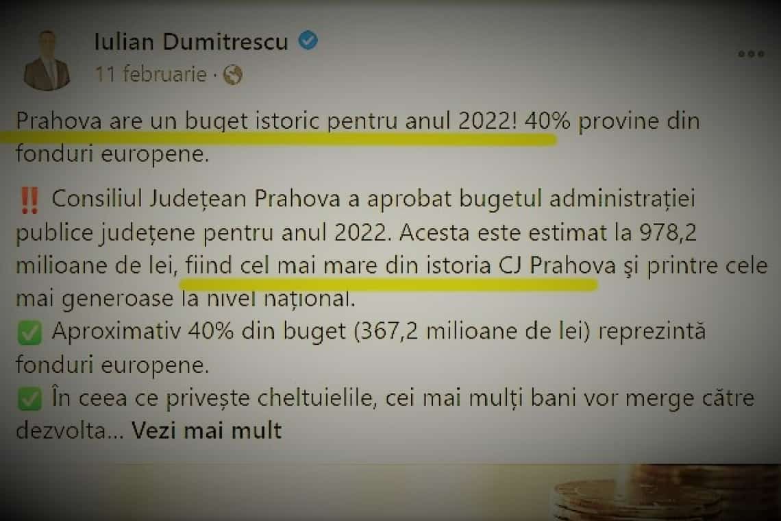 Bugetul ”istoric” al Prahovei pe anul 2022, o ficțiune marca Iulian Dumitrescu