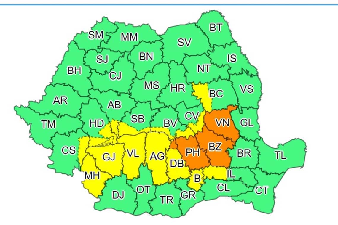 ANM: Prahova, sub cod portocaliu de precipitații abundente, până miercuri seară