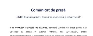 COMUNICAT DE PRESĂ - Sistem inteligent de management local în Comuna Filipeștii de Pădure - județul Prahova