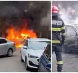 Un autoturism a ars ca o torță pe o stradă din Ploiești. Alte două au fost afectate de flăcări