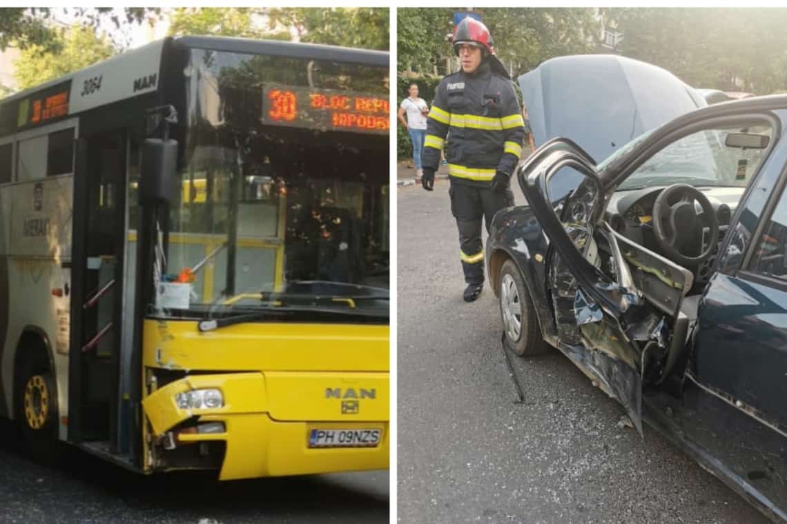 Coliziune între un autobuz și un autoturism pe strada Andrei Mureșanu din Ploiești