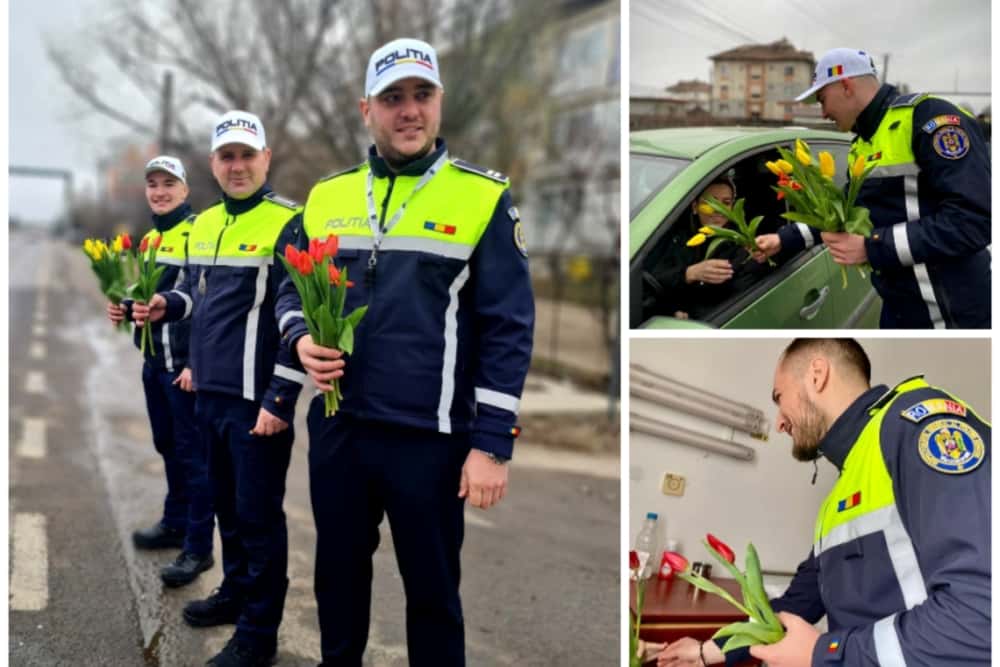 Polițiștii prahoveni au oferit, de 1 Martie, zâmbete și flori!