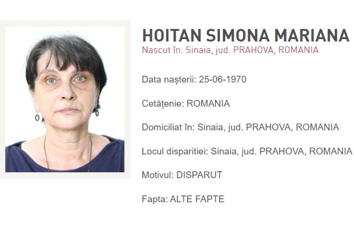 O femeie din Sinaia, dată dispărută de fratele său. Dacă ați văzut-o, sunați la 112!