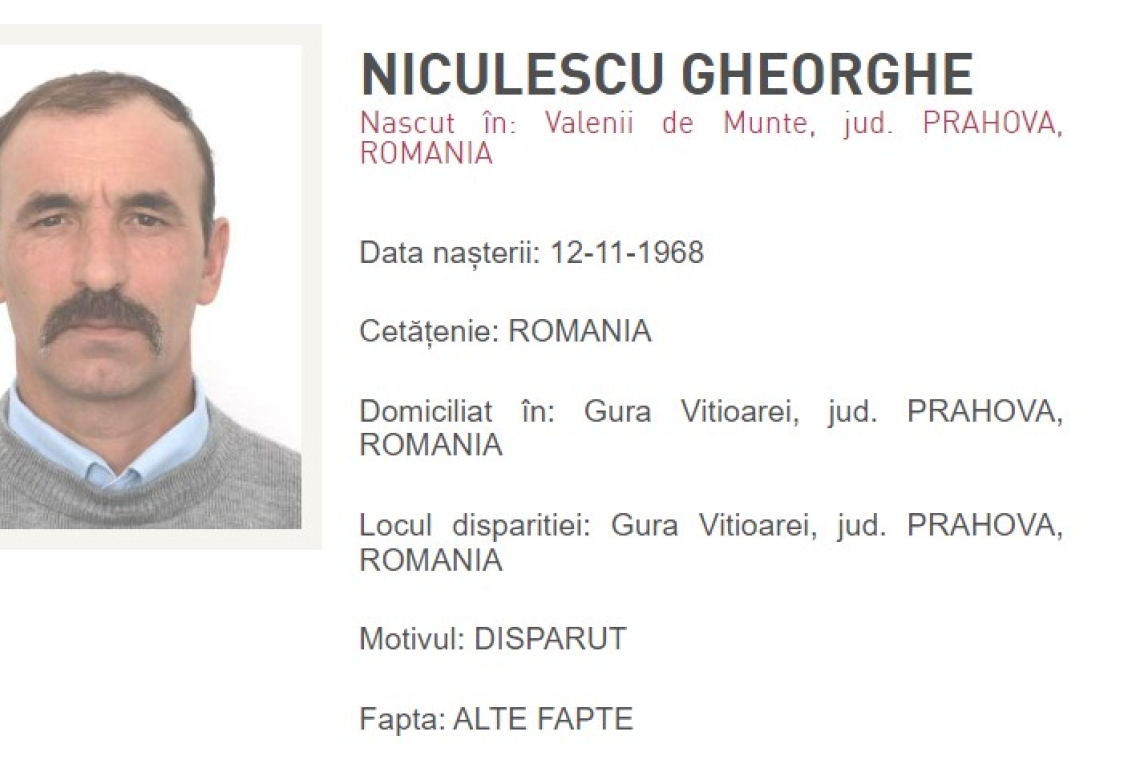 Un bărbat din Gura Vitioarei, dat dispărut la Poliție de familie, la două luni de la plecarea acestuia de acasă