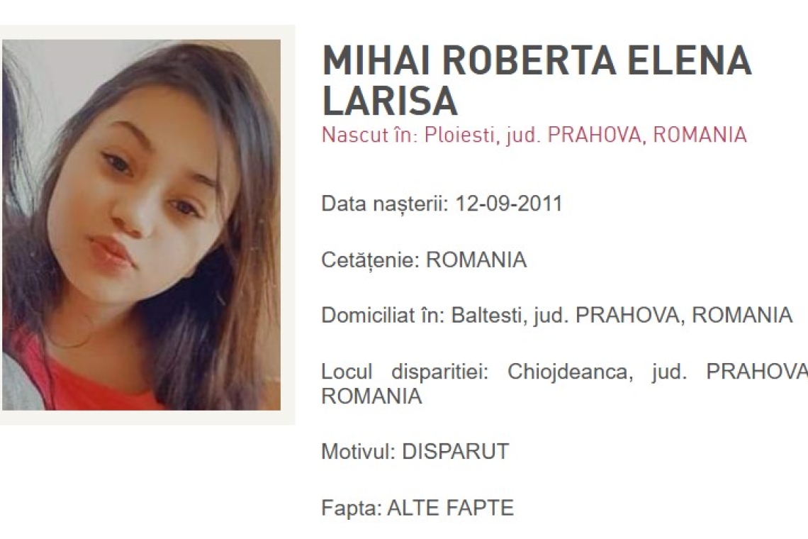 UPDATE/ O copilă de 13 ani a plecat în toiul nopții de acasă, din comuna Chiojdeanca. Familia a dat-o dispărută