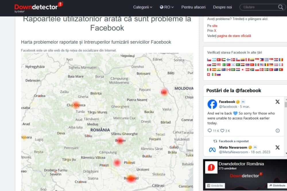 Facebook a picat în mai multe zone din țară, miercuri seară, fiind raportate probleme și în Prahova
