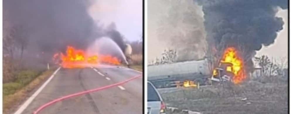 Incendiu de proporții pe DN72! O cisternă cu GPL a luat foc după ce a fost implicată într-un accident