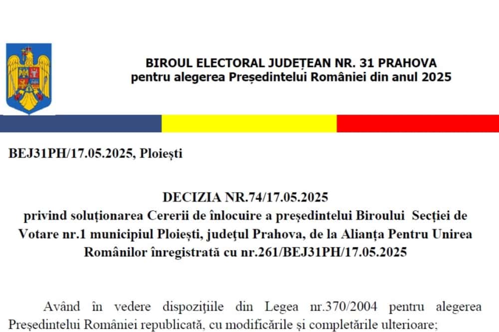 Biroul Electoral Județean Prahova a respins cererea AUR de înlocuire a președintelui unei secții de votare din Ploiești