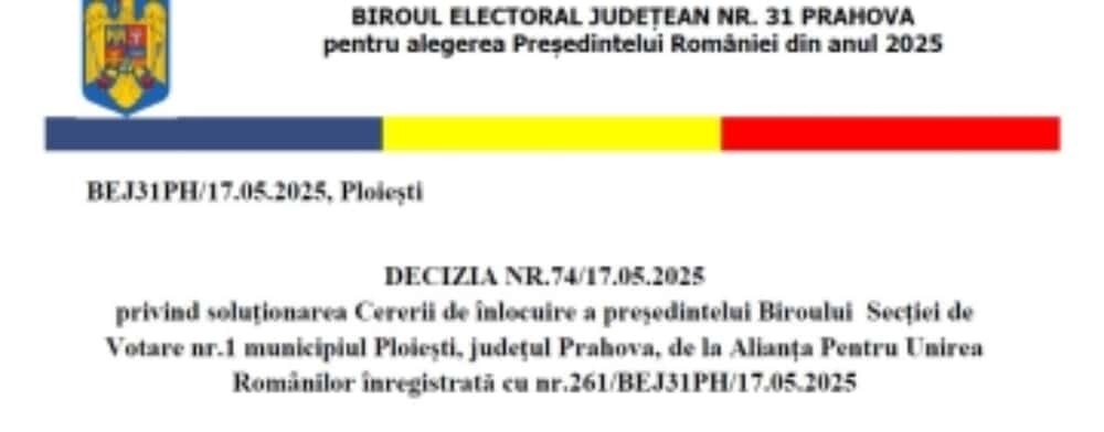 Biroul Electoral Județean Prahova a respins cererea AUR de înlocuire a președintelui unei secții de votare din Ploiești