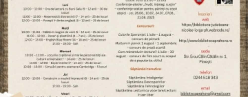 BIBLIOVACANȚA, un program derulat în perioada vacanței de vară la Biblioteca Județeană ”Nicolae Iorga”