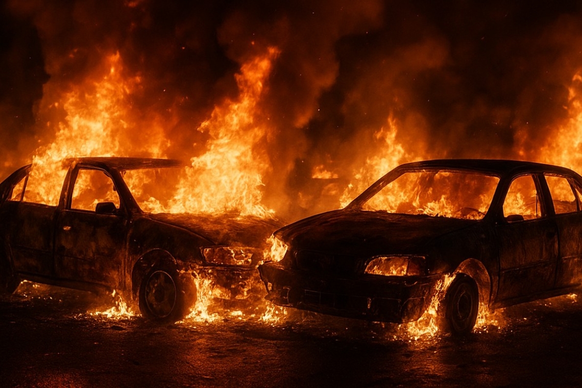Autoturisme mistuite de flăcări, noaptea trecută, pe o stradă din Ploiești