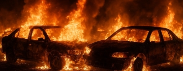 Autoturisme mistuite de flăcări, noaptea trecută, pe o stradă din Ploiești