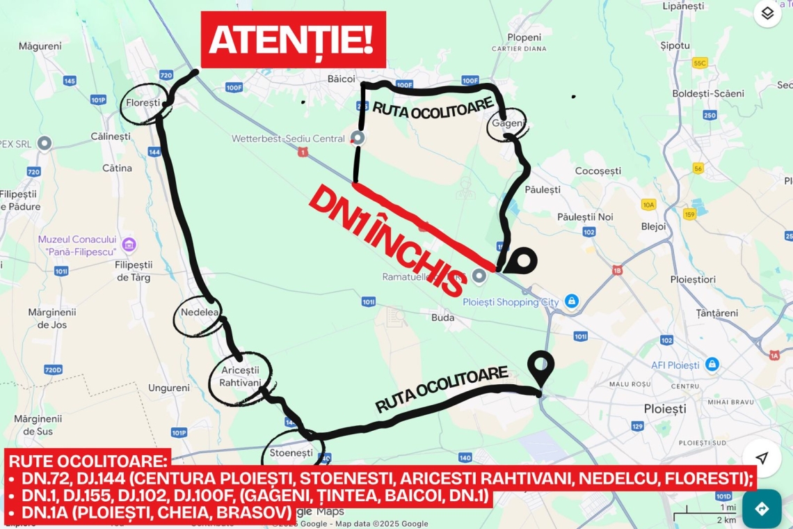 DN1 se închide temporar la Movila Vulpii, săptămâna viitoare. Trafic deviat în perioada 24–27 noiembrie