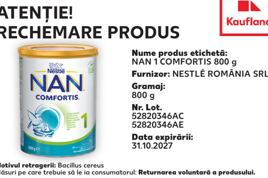 Atenție! Nestlé retrage din magazine mai multe loturi de lapte praf pentru sugari. ANSVSA avertizează consumatorii asupra prezenței unei bacterii
