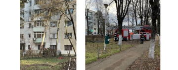 UPDATE | Un copac s-a rupt de la bază și a căzut pe un bloc din Ploiești. Pompierii intervin pentru tăierea acestuia