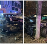Accident în sensul giratoriu de la Caraiman. Un tânăr băut a intrat cu mașina în două autoturisme parcate și într-un copac
