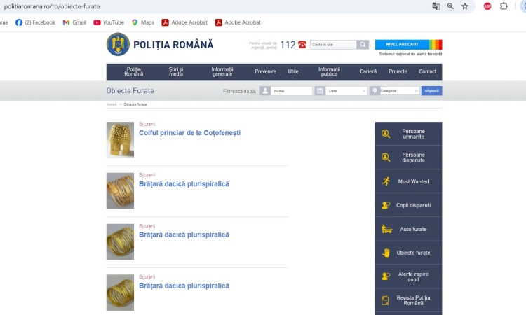 Tezaurul furat din Olanda, încă pe lista Poliției Române. Coiful de la Coțofenești și brățările dacice, descrise în detaliu