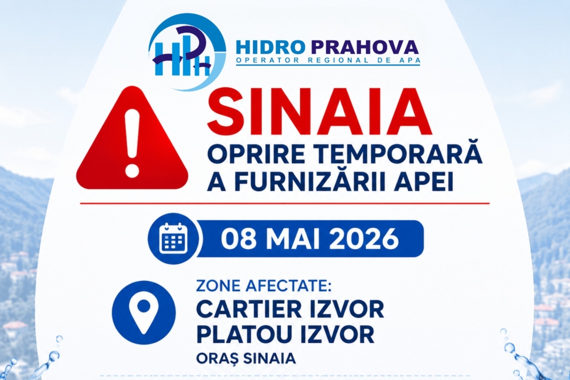 Oprire temporară a furnizării apei în cartierele Izvor și Platou Izvor, din Sinaia