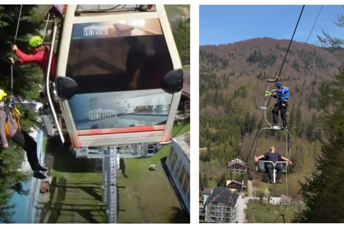 Exercițiu de salvare desfășurat la telegondola și telescaunul din Azuga. Salvamontiști, pompieri și jandarmi au participat la acțiune