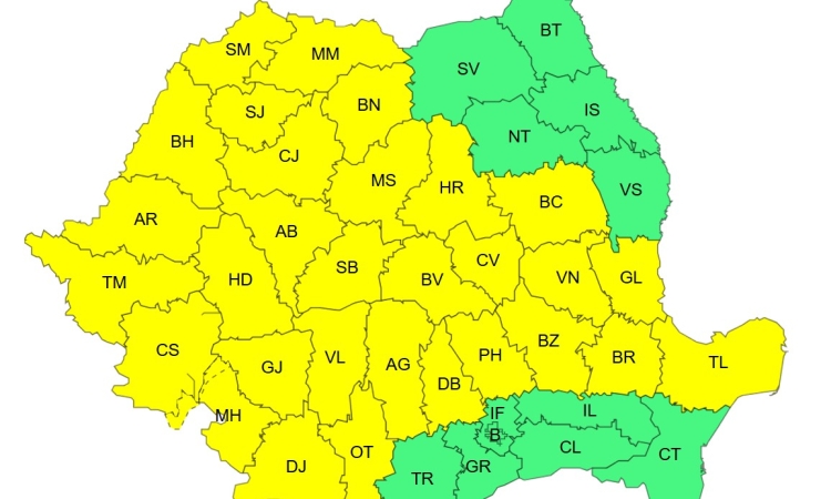 Cod galben de vreme severă în majoritatea zonelor țării, inclusiv în Prahova. Sunt anunțate ploi torențiale, vijelii și grindină