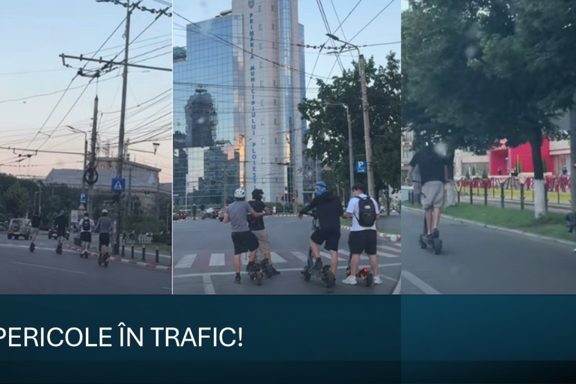 Trotinetele electrice, folosite iresponsabil pe străzile din Ploiești! Tineri inconștienți - pericole în trafic, cu risc de accidente grave