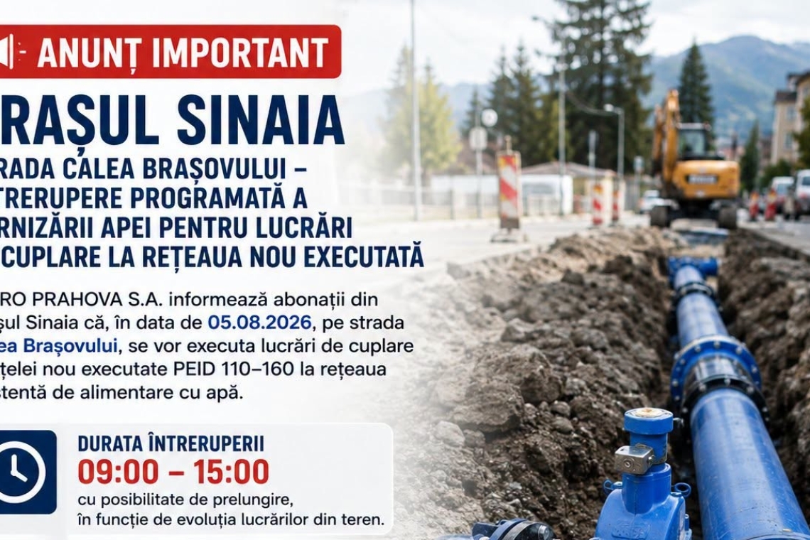 Lucrări la rețeaua de apă din Sinaia. Furnizarea apei, întreruptă temporar pe Calea Brașovului și parțial pe Bulevardul Ferdinand